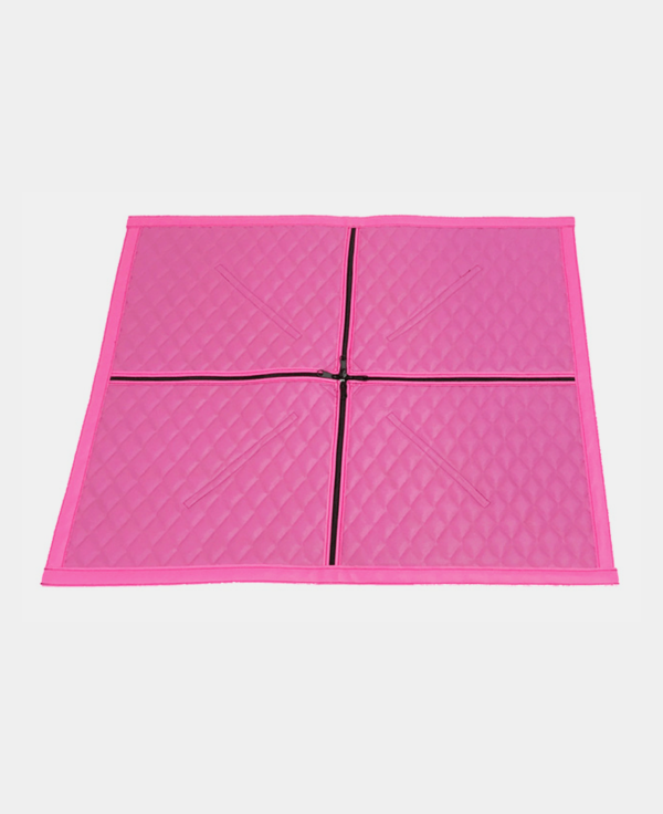 Four pink interlocking foam mats arranged on a white background.