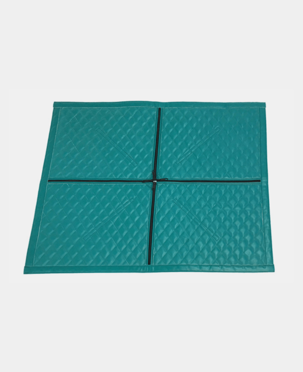 Foldable blue foam mat on a white background.