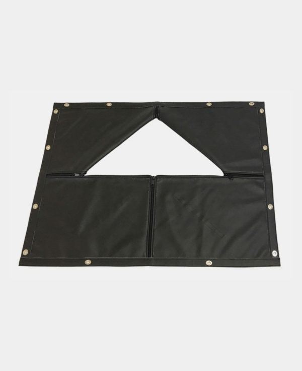 Black fabric barrier with grommets laid flat on a white background.