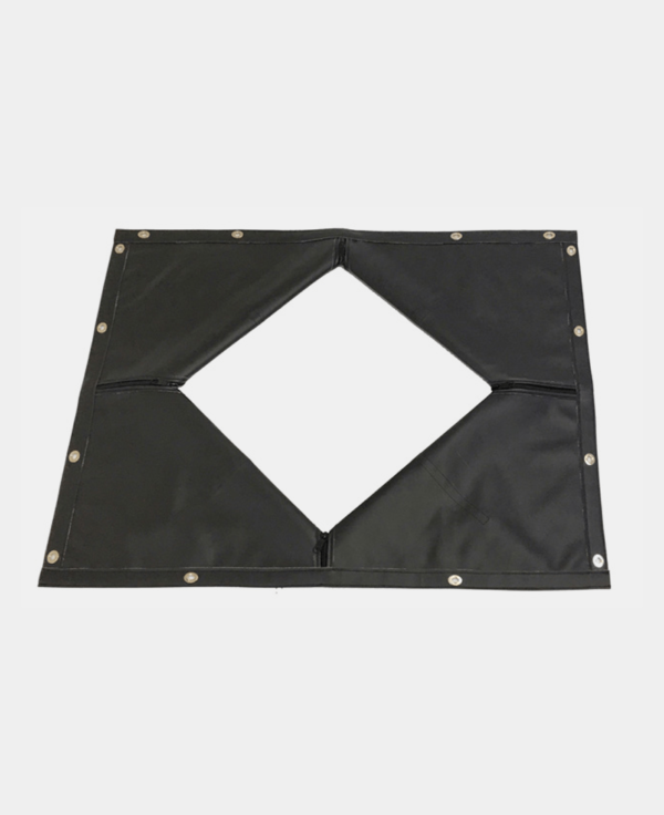 Black fabric corner protector with grommets on a white background.