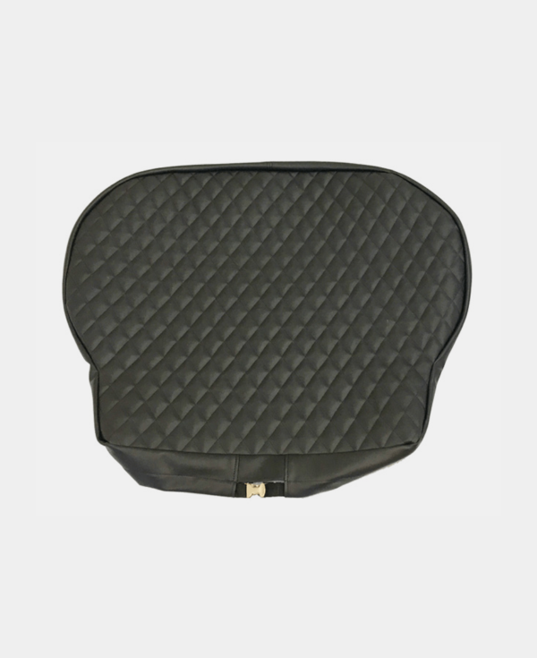 Black quilted car seat protector against a white background.