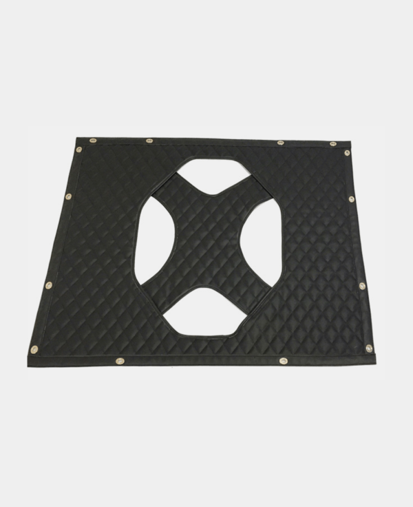Black equipment mat with a cut-out section and reinforced corners.
