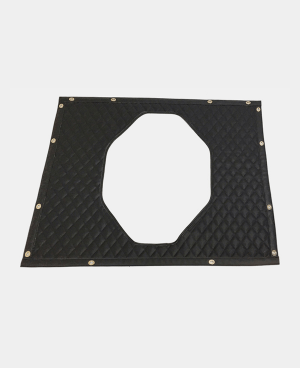 Black diamond-patterned panel with a central cut-out and reinforced with rivets.