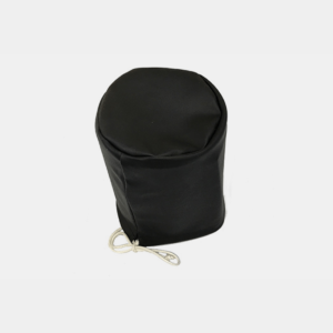 Black fabric pouch with drawstring closure on a white background.