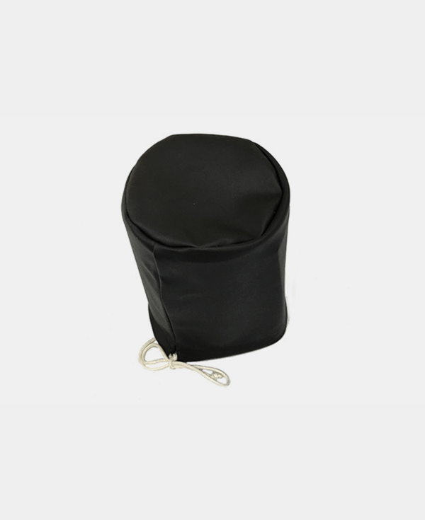 Black fabric pouch with drawstring closure on a white background.