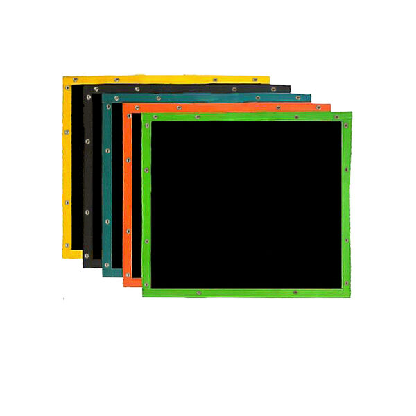 A group of six different colored frames with black boards.