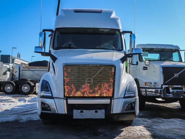 White semi truck with a Bug Screen: Flames design on the grille, parked in a lot with snow and other trucks in the background.