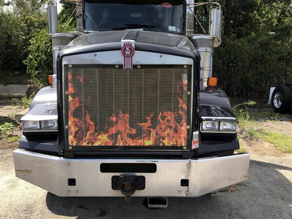 Semi-truck with Bug Screen: Flames on the front grill.