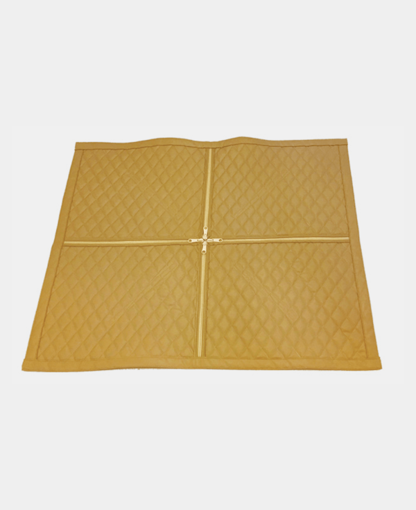 Yellow quilted pet bed with a zipper on a white background.