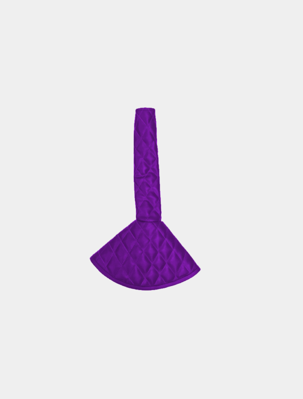 A purple, quilted, silicone hot pad handle cover on a white background.