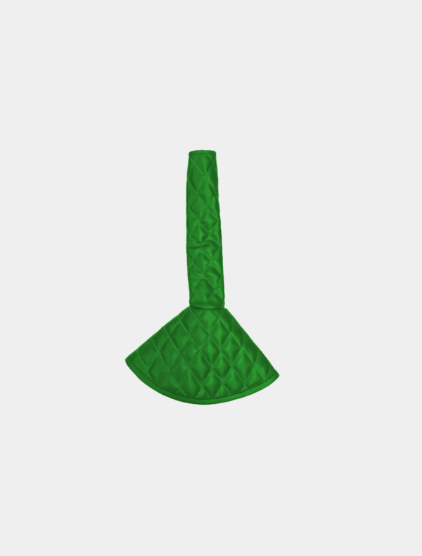 Green quilted toilet plunger on a white background.