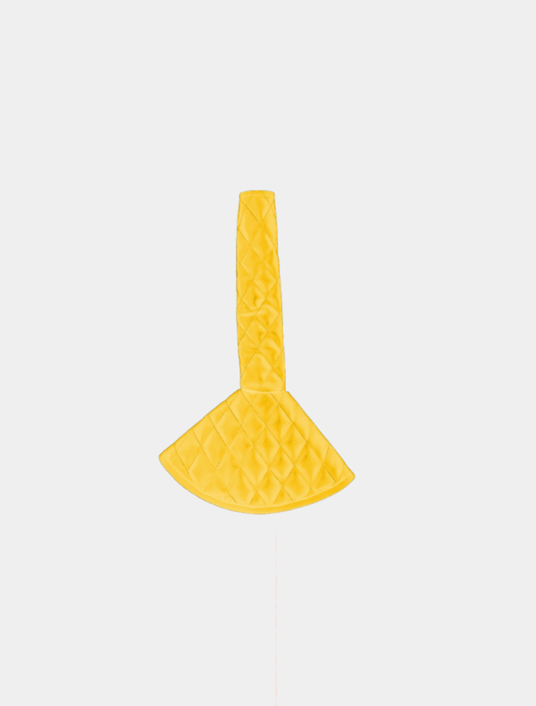 A yellow, quilted potholder with a loop for hanging, isolated on a white background.