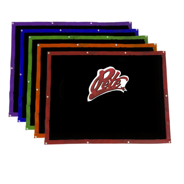 A group of six different colored boards with the university logo on them.
