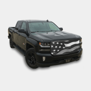 Black pickup truck with american flag graphics on the hood.