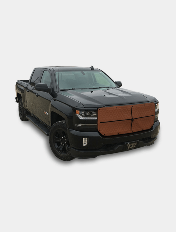 A black pickup truck with a protective brown cover on the front grille, isolated on a white background.