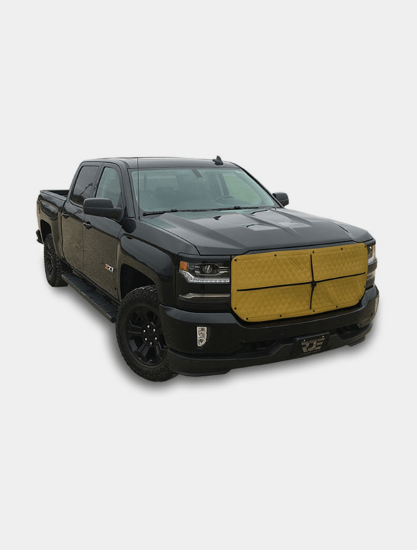 Black pickup truck with custom yellow front grille on a white background.