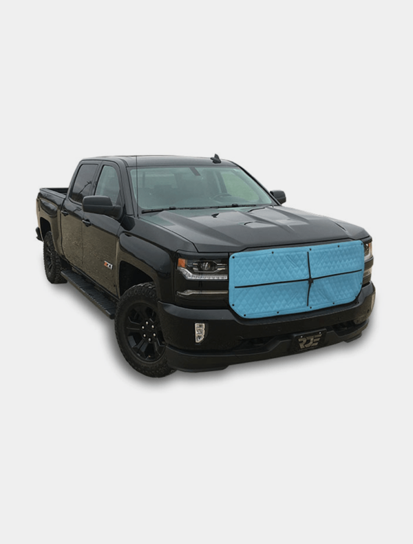Black pickup truck with custom blue grille on a white background.