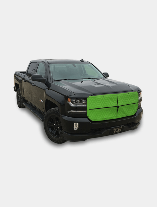 Black pickup truck with a green grille guard on a white background.