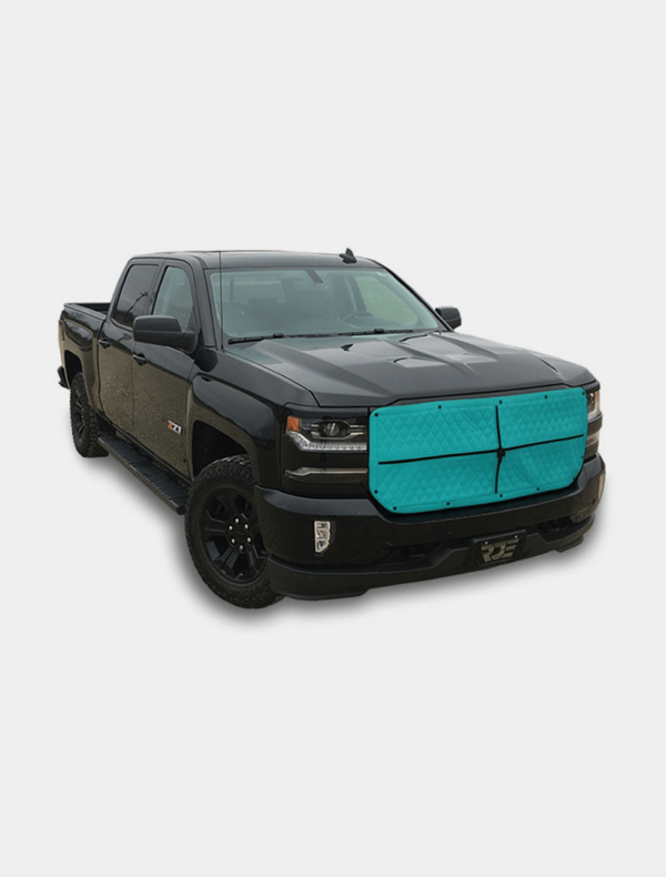 Black pickup truck with custom teal grille insert on a white background.