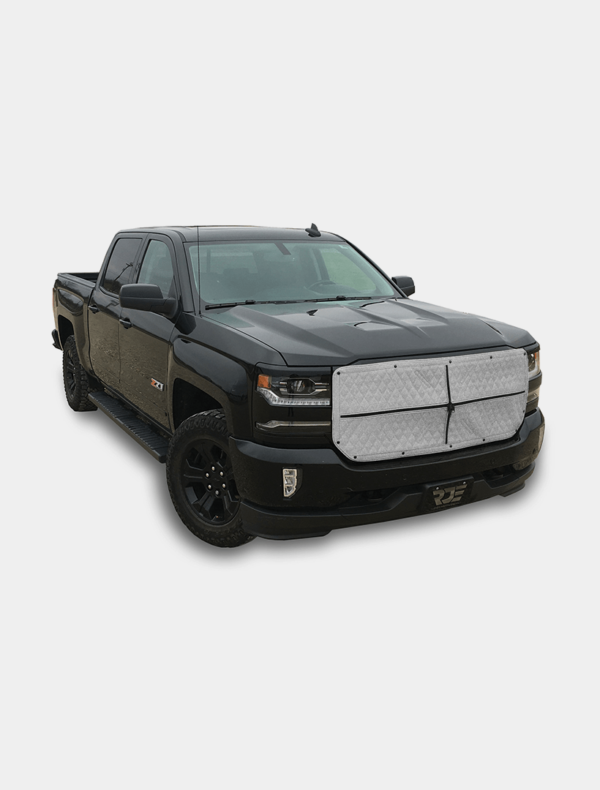 A black pickup truck with a custom grille guard on a white background.