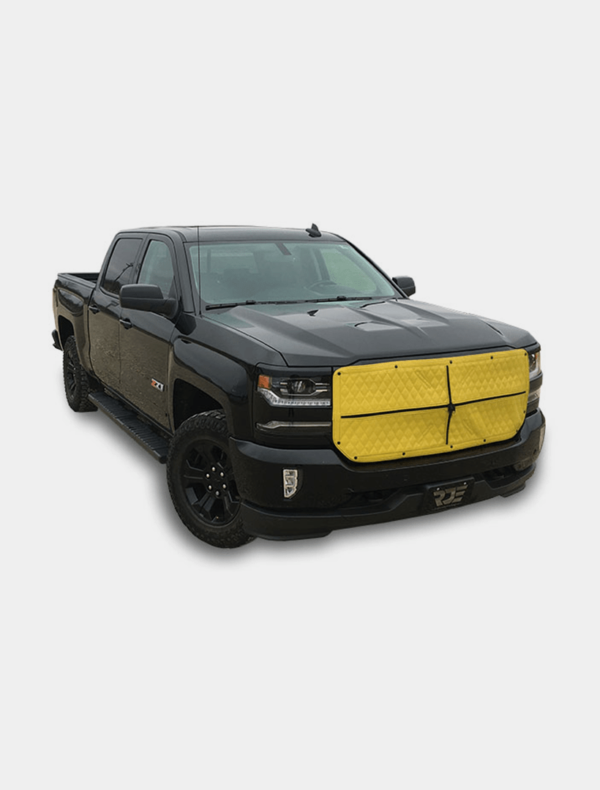 A black pickup truck with a distinctive yellow grille guard on a white background.