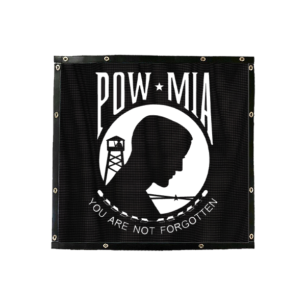 A Bug Screen: POW/MIA flag with a silhouette of a guard tower and a barbed wire fence, bearing the message "you are not forgotten.