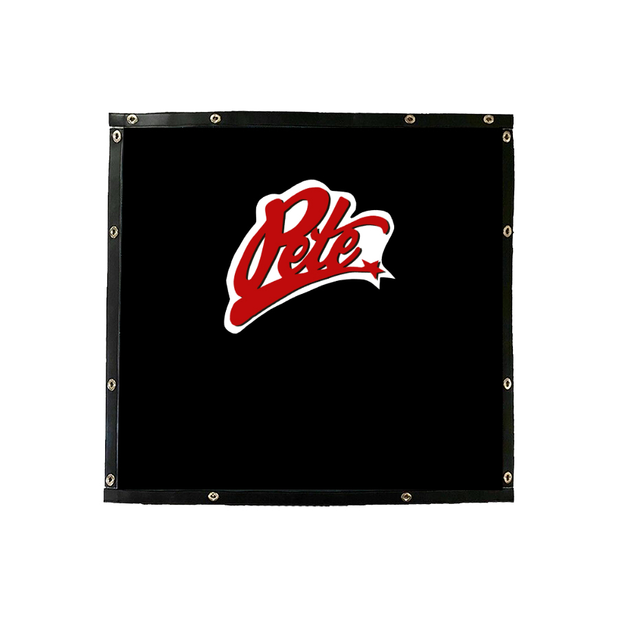 A square black wall-mounted Bug Screen with the "pete" logo in red and white script font, featuring corner rivets.