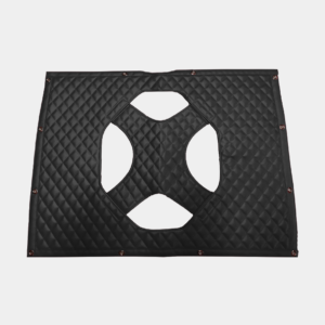 Black quilted gaming mat with cut-outs for player stations.