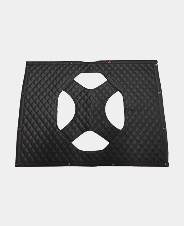 Black quilted gaming mat with cut-outs for player stations.