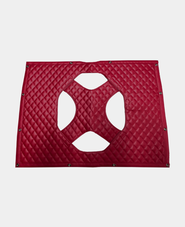 Red quilted goalkeeper training rebounder with hexagonal cut-out center.
