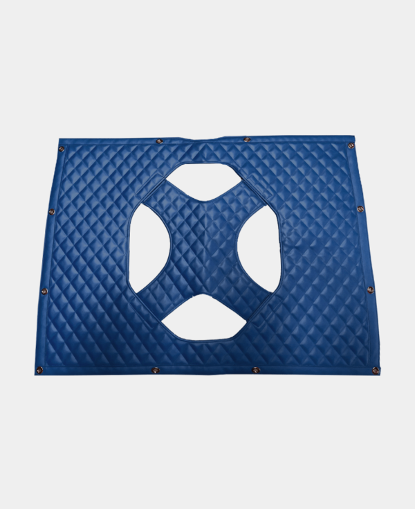 Blue padded gymnastics mat with cut-out sections for varied exercises.