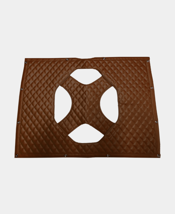 Brown quilted fabric with a cut-out pentagon shape, fixed with metal grommets on a white background.