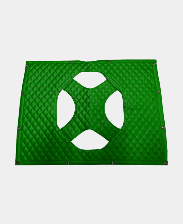 Green quilted soccer goal net with a distinctive five-hole design for training or target practice.