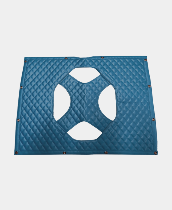 Blue padded gymnastics mat with hand and foot cutouts.