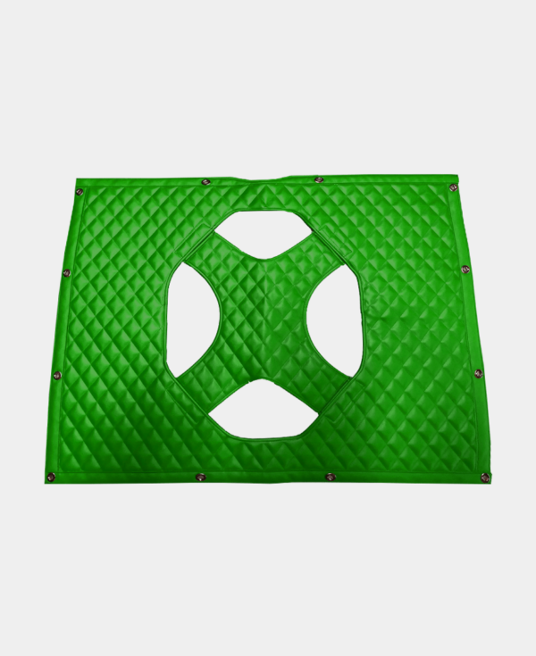 Green quilted massage table face cradle cover with face cut-out, displayed against a white background.
