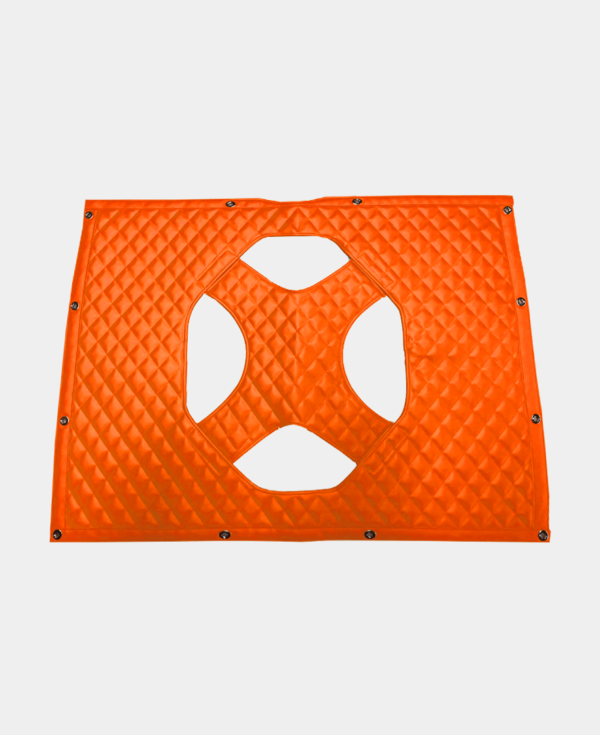 Orange, quilted traffic safety barricade with reflective white borders and cut-out handles.