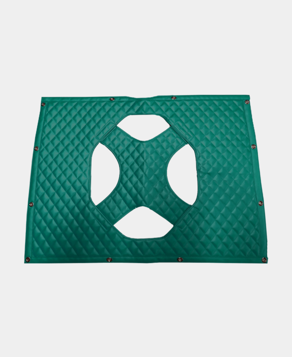 Green quilted massage table face cradle cover with cutouts on a white background.