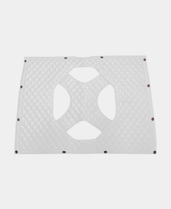 White mesh net with reinforced corners and mounting holes against a white background.