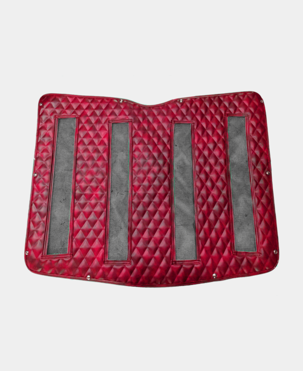 Red quilted car mat with anti-slip patches on a white background.