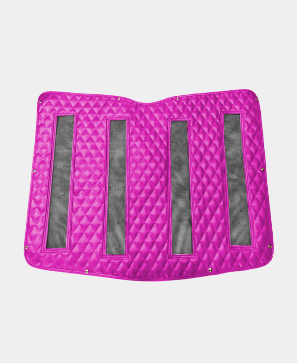 A pink, quilted car mat with rubber anti-slip inserts.