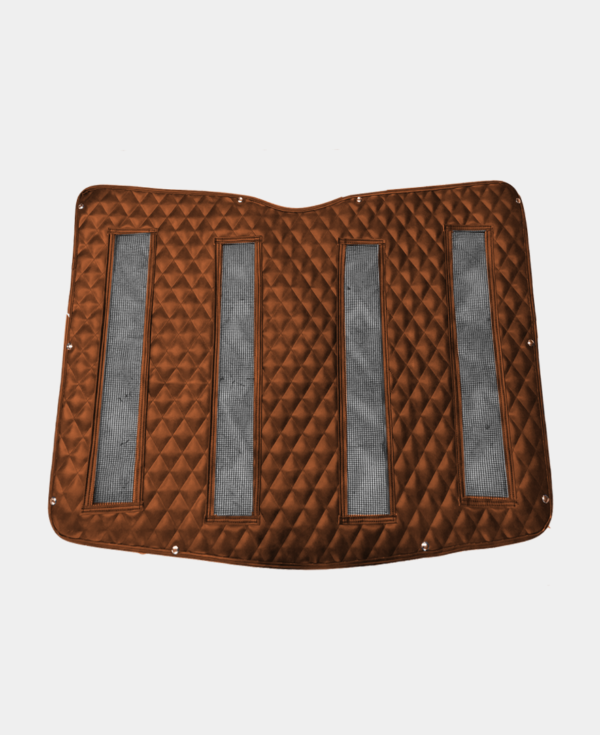A brown quilted car trunk mat with anti-slip surfaces.