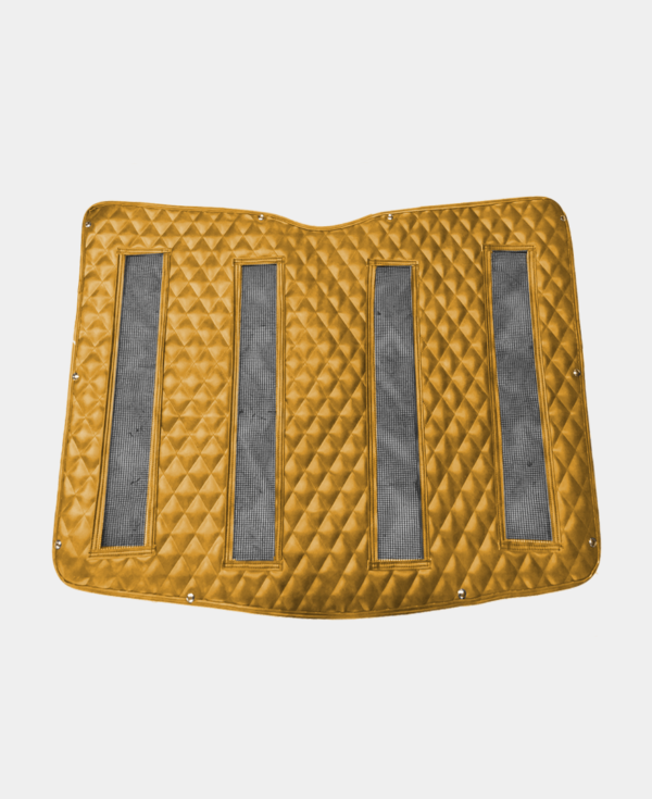 Gold-colored car floor mat with quilted pattern and anti-slip inserts.
