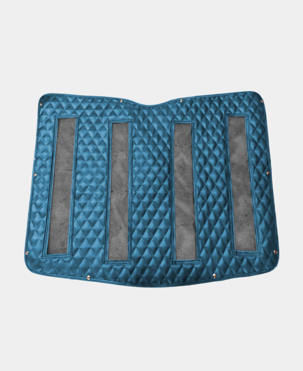 Blue quilted car trunk mat with anti-slip surface.