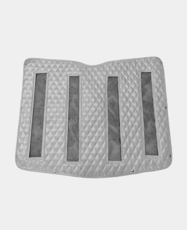 A silver, quilted car windshield sun protector with black mesh panels isolated on a white background.