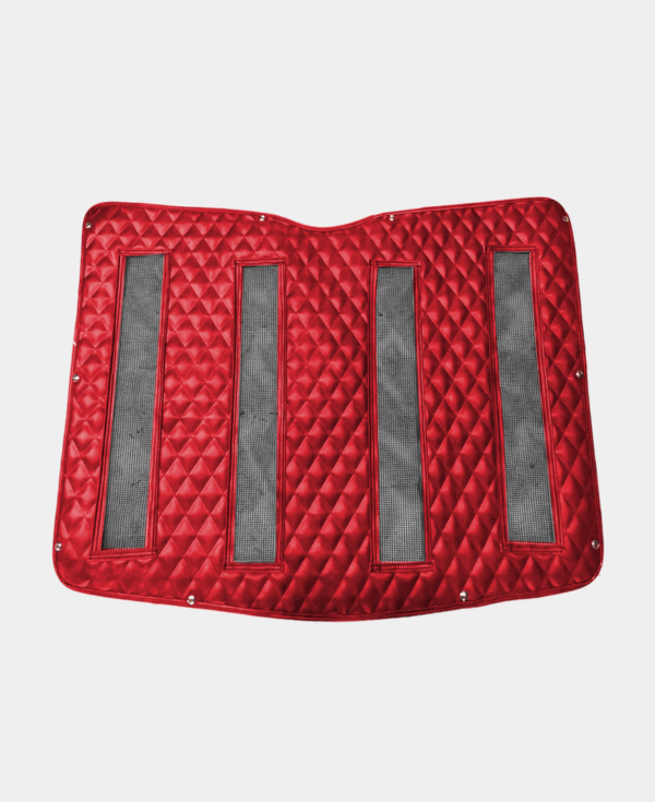 Red quilted truck dashboard mat with metal strip accents.