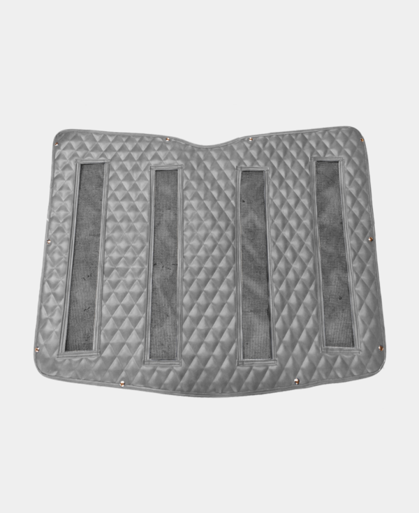 Silver quilted car trunk mat with anti-slip features.