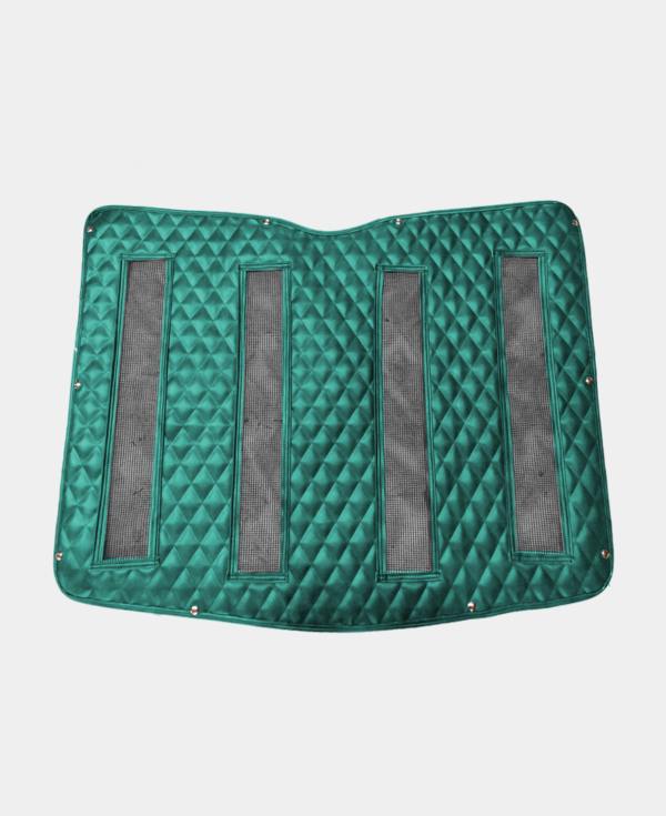A green quilted horse saddle pad with black trim and billet straps, isolated on a white background.