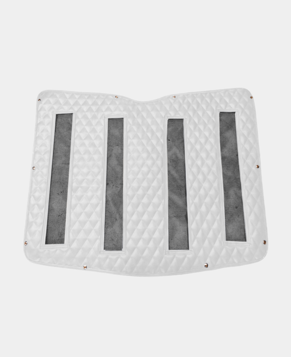 White quilted mattress topper with gray stripes isolated on a white background.