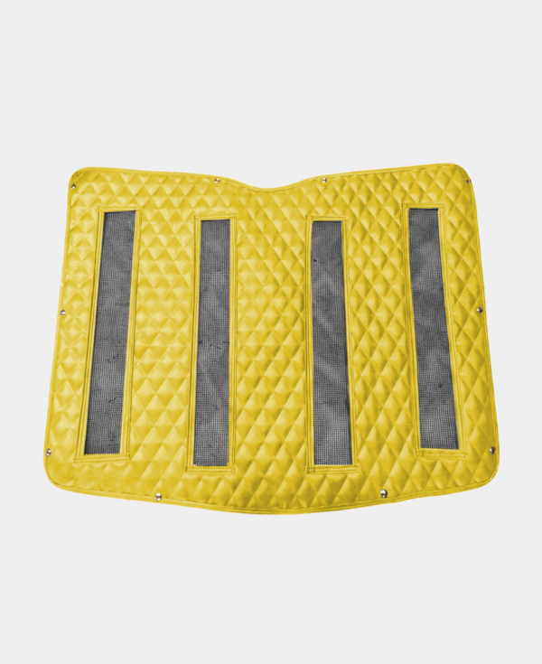Yellow floor mat with anti-slip strips and corner rivets, isolated on white background.
