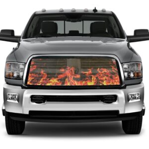 White pickup truck with a Pickup/SUV/Van Bug Screen: Flames design on the grille.